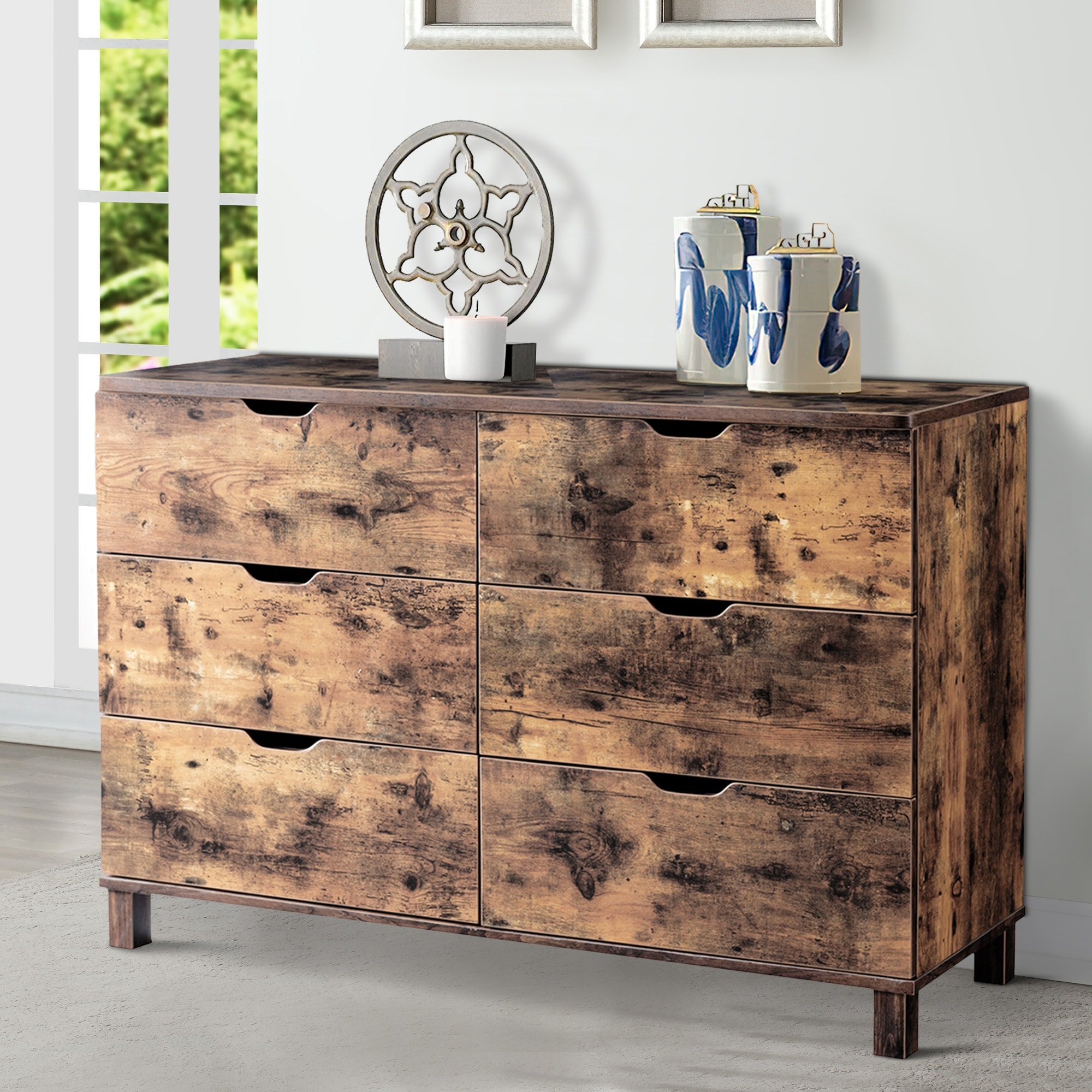 Wooden Frame Dresser with 6 Drawers and Straight Legs, Distressed Brown - Overstock - 31140343 Wooden Frame Dresser with 6 Drawers and Straight Legs, Distressed Brown - Overstock - 31140343