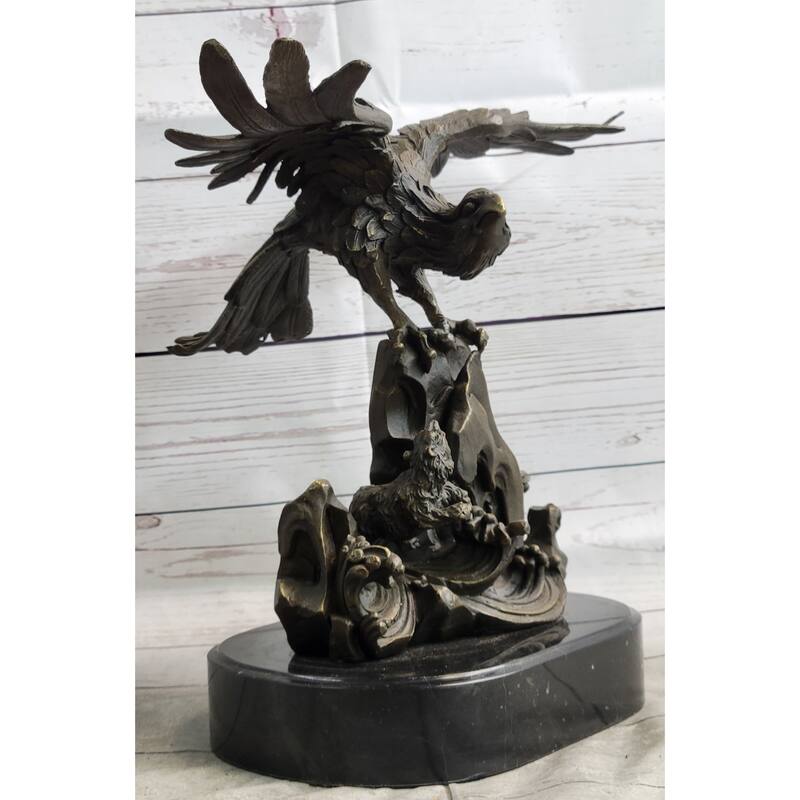 Eagle Landing On Waves Water Bronze Metal Statue Sculpture Figurine Decor Signed