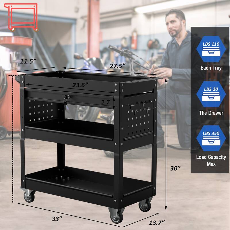 3-Tier Rolling Tool Cart on Wheels for Mechanics with Utility Drawer