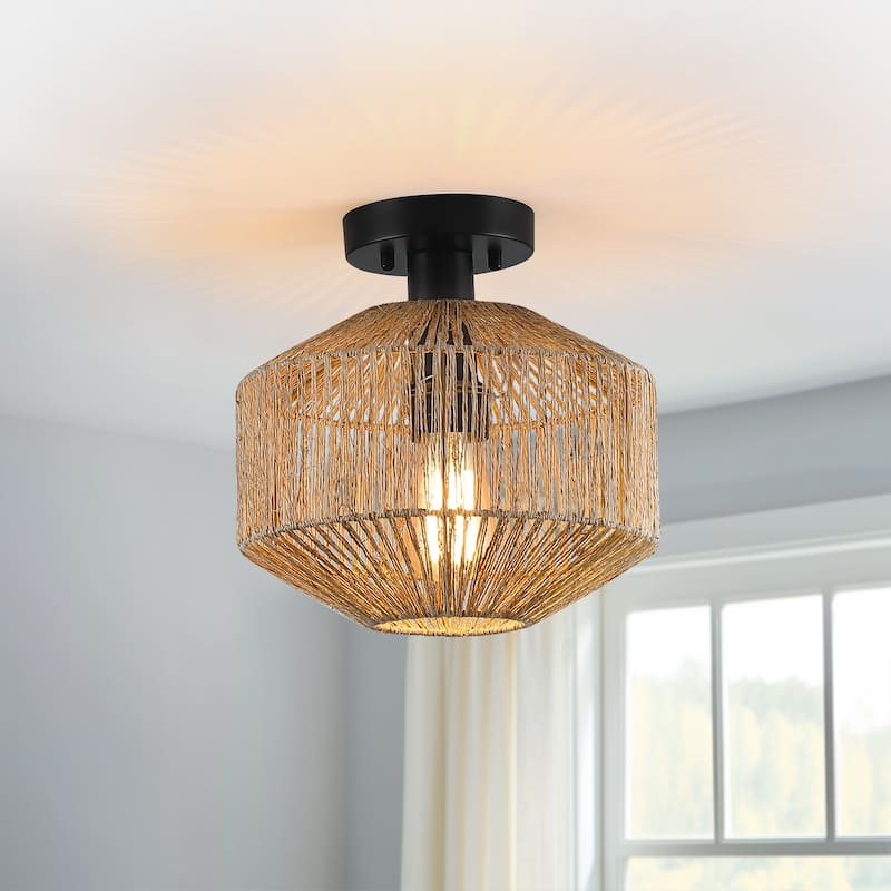 True Fine Bohemian Natural Jute Rope Semi Flush Mount Ceiling Light with Black Hardware - 10.2'' W