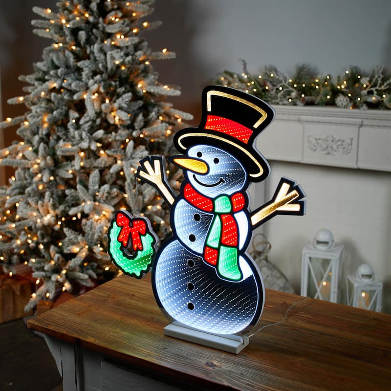Acrylic Snowman with Wreath Light with Infinity Effect and UL Plug - 21” x 2.75” x 23.5” (L x W x H)