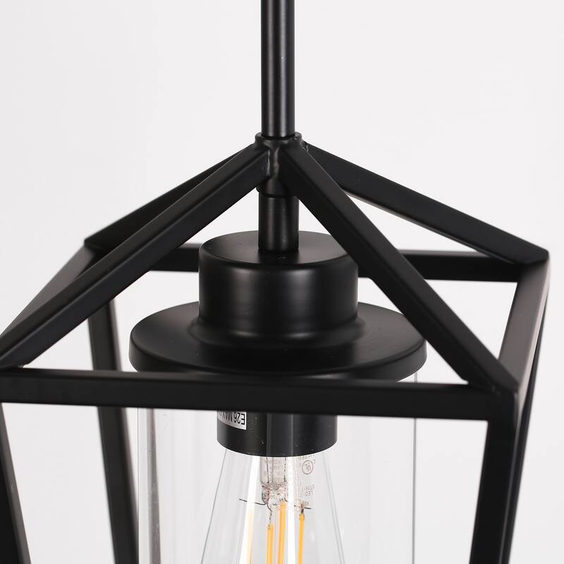 Matte Black Farmhouse Cage Pendant Light with Clear Glass Shade, Adjustable Height - 7.09 in.
