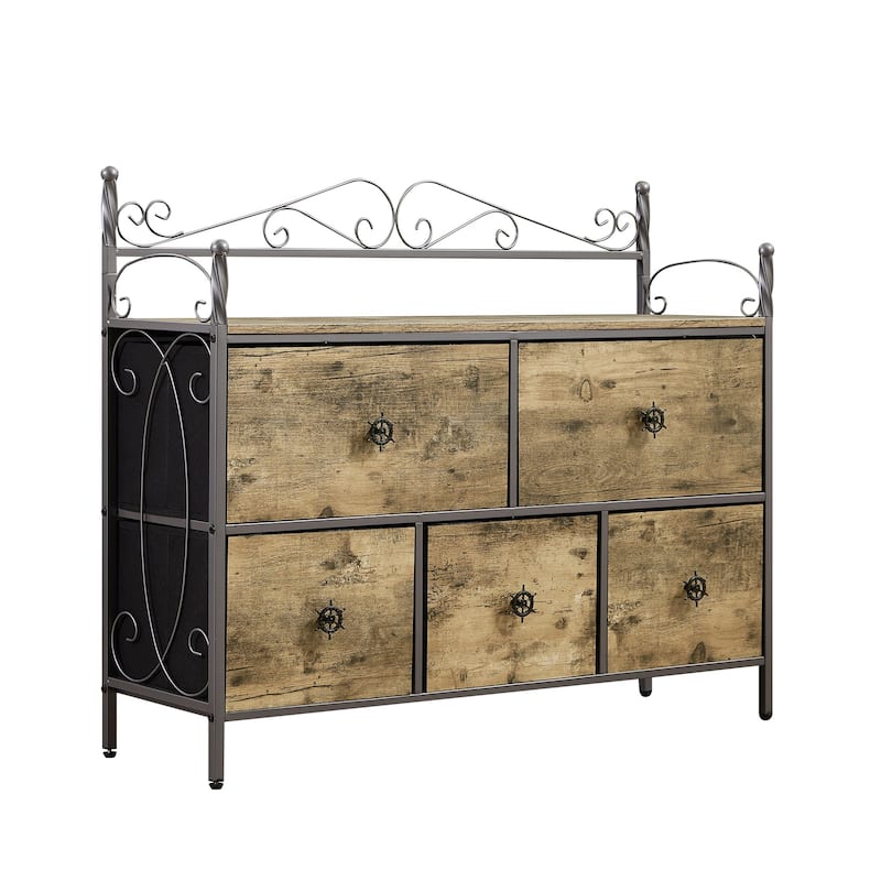5-Drawer Fabric Dresser with Removable Foldable Drawers Metal Frame with Curved Floral Design Brown Gray Dresser