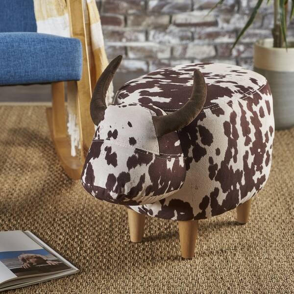 slide 2 of 11, Velvet Cow-Shaped Ottoman,Cute Wood Foot Stool Shoes Changing Seat with Cushioned Brown+White