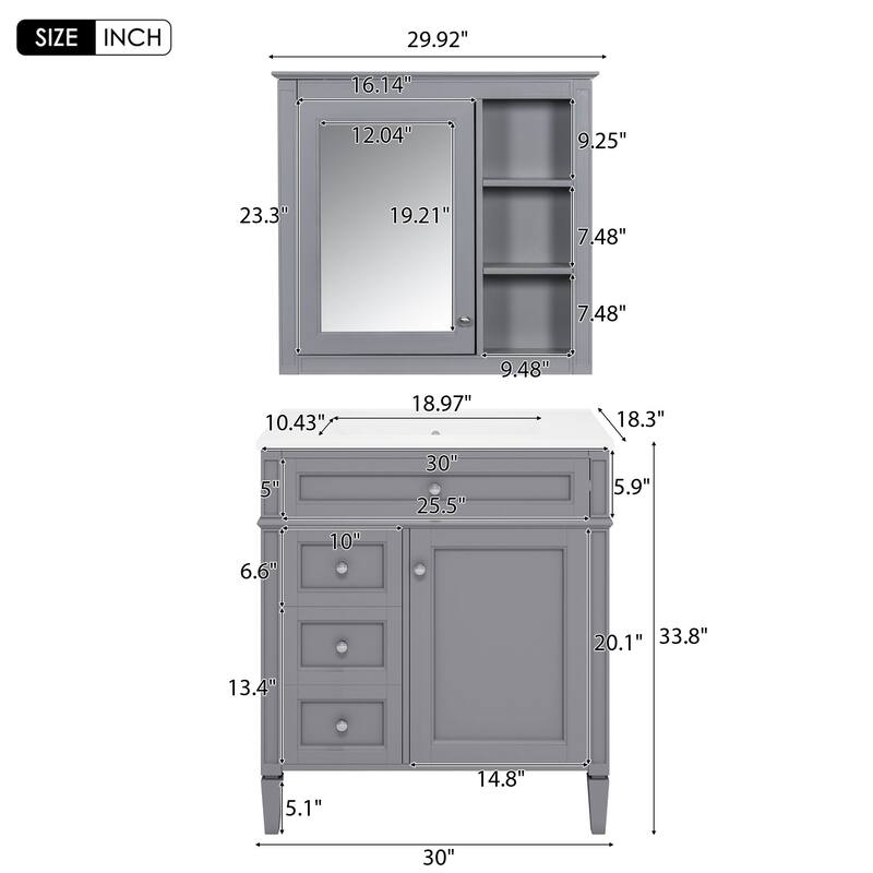 30" Bathroom Vanity Set with Ceramic Sink & Mirror Cabinet, 3 Drawers, Soft-Close Storage, Modern Freestanding Unit