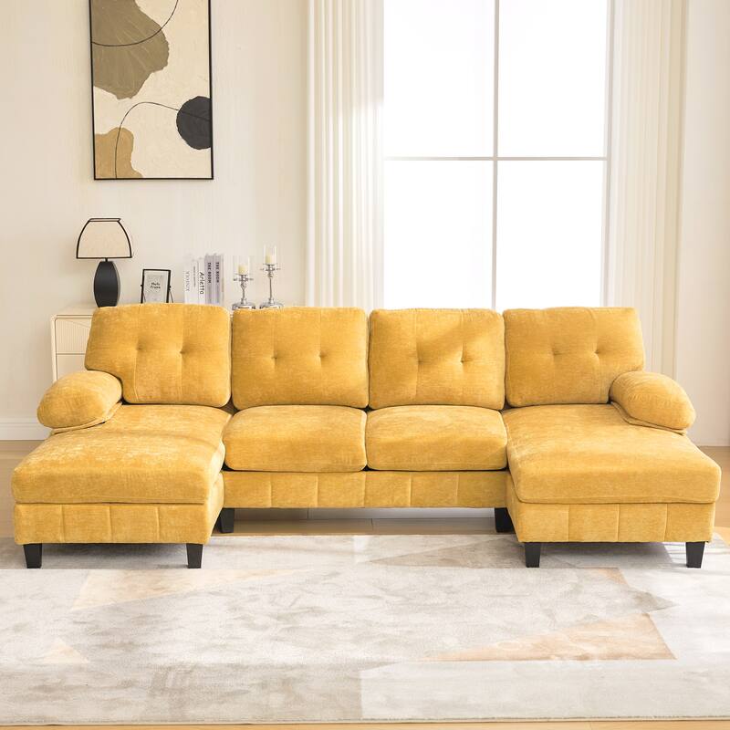 103.5" Chenille Fabric Couch U-Shaped Sectional Sofa with Dual Chaise Lounges, Storage Pockets and Armrest Pillows