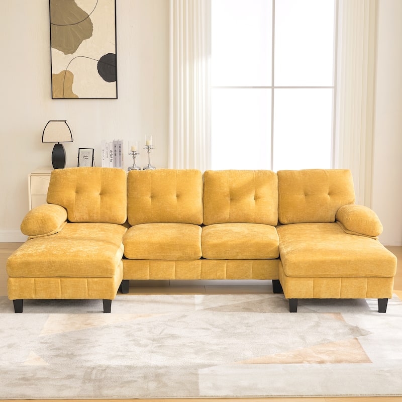 Roomfitters U-Shaped Chenille Sectional Sofa with Dual Chaises, Armrest Pillows and Storage Pockets for Living Room
