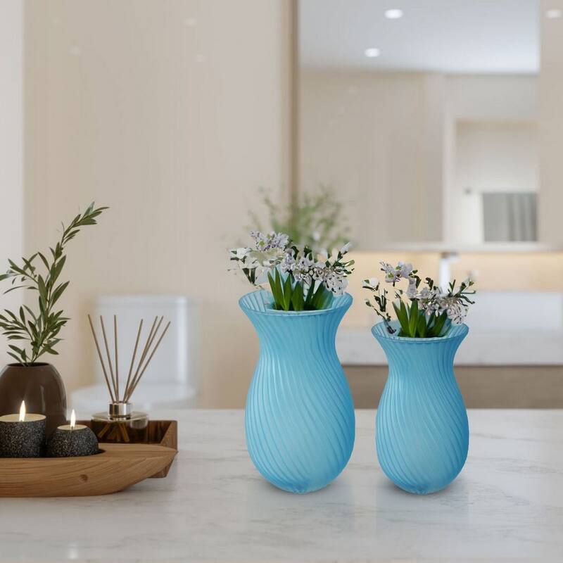 Frosted Glass Tulip Table Vases, Set of 2 with Swirl Pattern Design