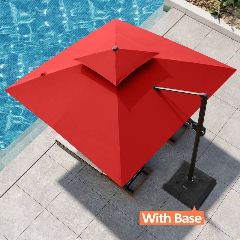 Pellebant Outdoor Patio Cantilever Offset Umbrella 11 ft Double Top with Base - Red