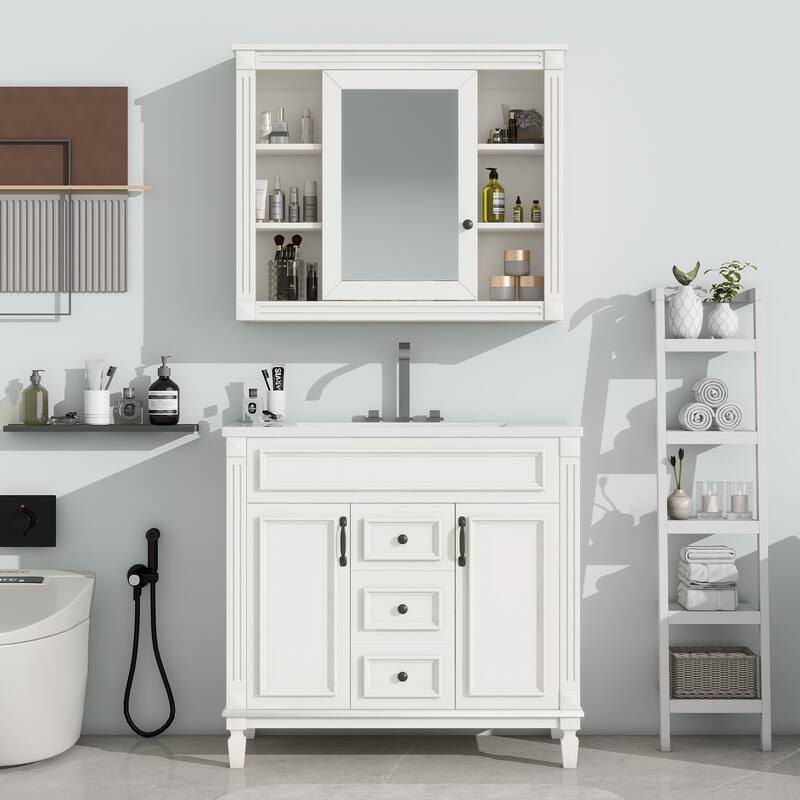 36" Bathroom Vanity with Mirror Cabinet, Ceramic Sink, Black Storage Cabinet with Soft-Close Doors & Drawers