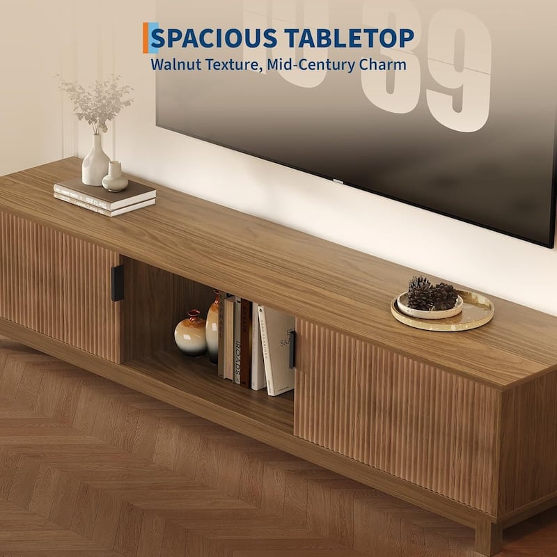 Wood Mid-Century 70'' Modern Fluted TV Stand Entertainment Center with Storage Cabinet for Living Room - N/A