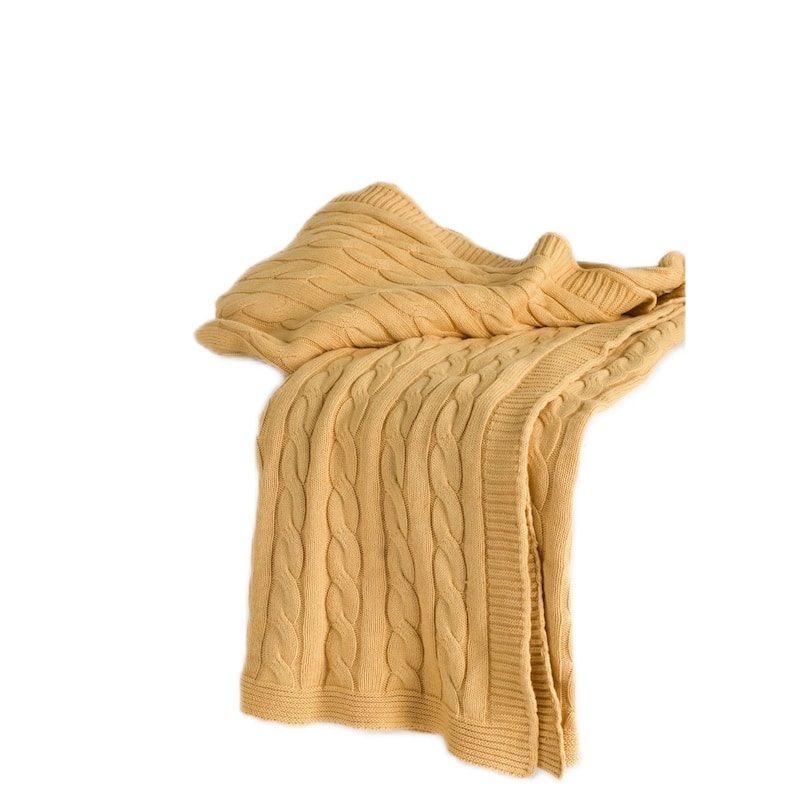 HomeRoots 50" X 60" Yellow Cotton Cable Knitted Throw Throw Blanket