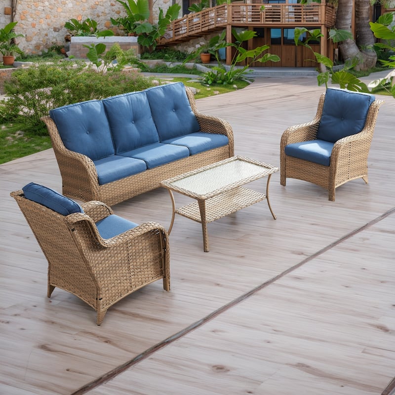 Pocassy 4-Piece Outdoor Sofa Patio Chair with Coffee Table - Yellow/Blue
