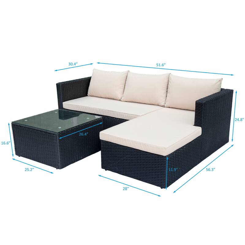 Maypex 3 PC Wicker Outdoor Corner Lounge Seating Set with Cushions