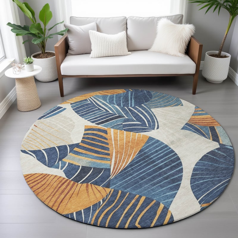 Machine Washable Indoor/Outdoor Coastal Palm Leave Chantille Rug