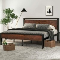 King Size Metal Bed Frame with Wooden Headboard & Footboard, Mahogany ...