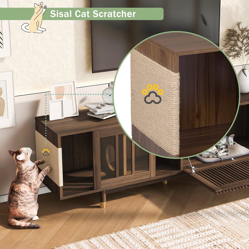 74 Inch Mid-Century Walnut TV Stand with Sliding Glass Door and Cat Scratcher Board, Pet Friendly Storage Cabinet