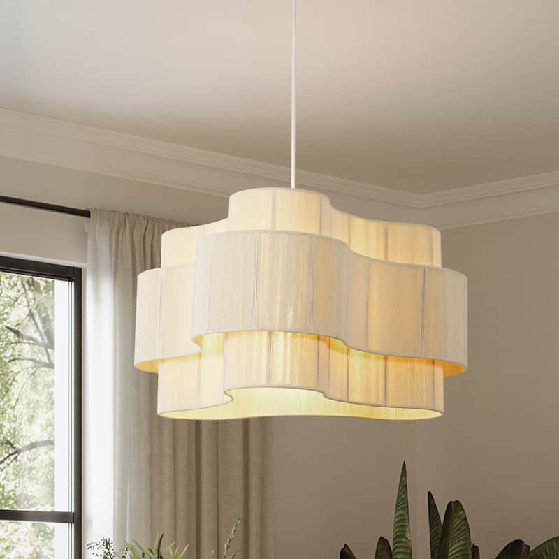 1-Light Bohemian Coastal Hand-Woven Off-White Cotton Thread Drum Chandelier for Bedroom, Porch