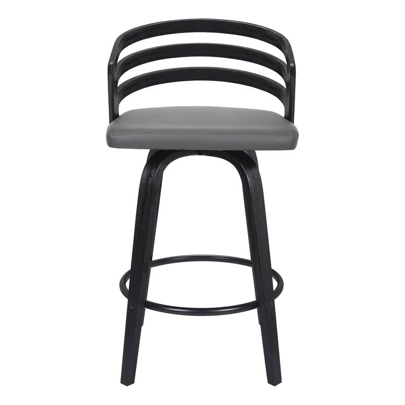26 Inch Counter Height Swivel Bar Stool with Black Wood Frame and Grey Faux Leather Upholstered Seat