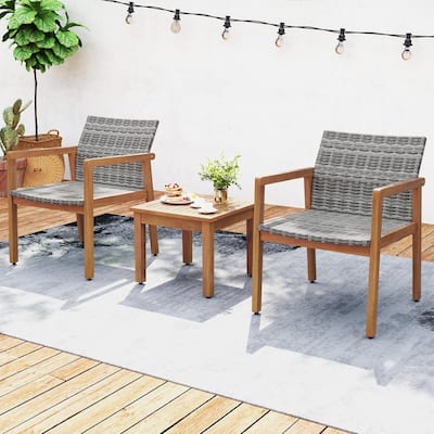 3PCS PE Rattan Patio Bistro Set Outdoor Acacia Wood Conversation Set