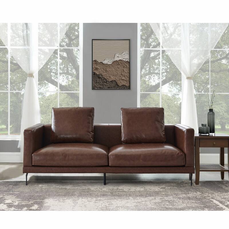 Modern Brown Couch Faux Leather Square Arm Down Filled Sofa