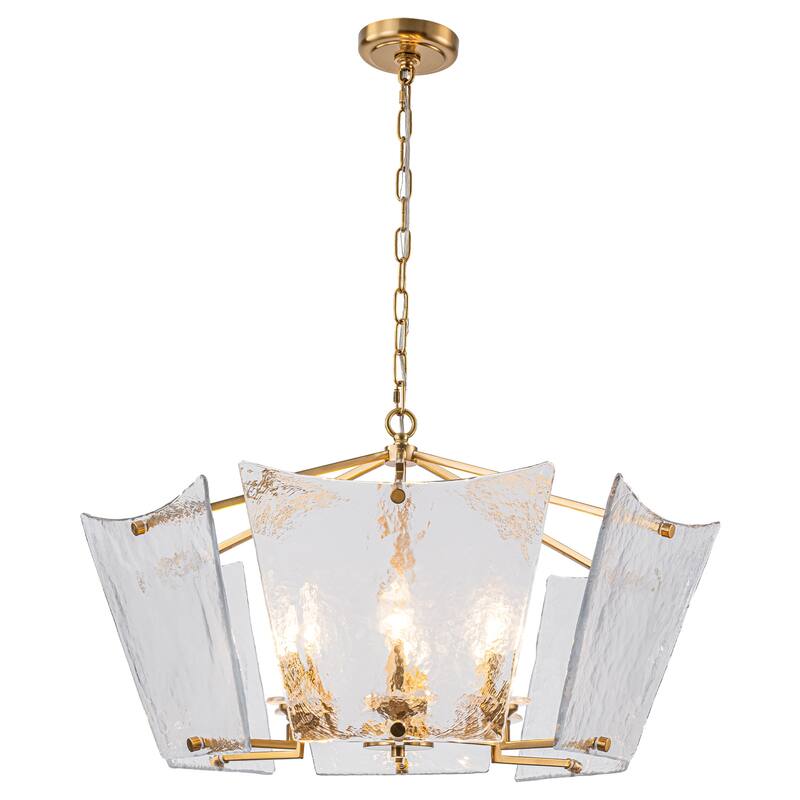 6-Light Gold Geometric Chandelier with Textured Clear Glass Panels - Dia.26.77-in - Dia.26.77-in