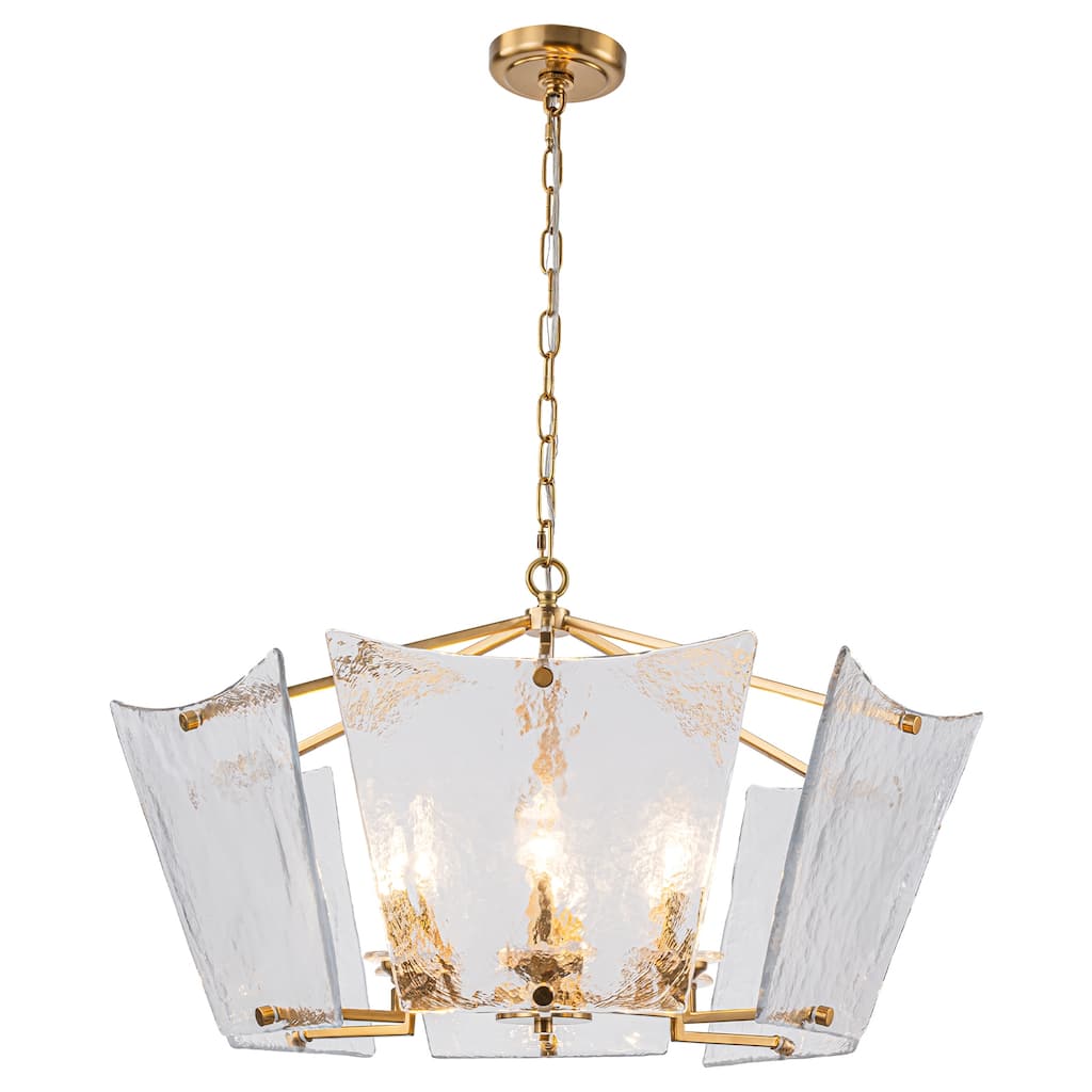 6-Light Gold Geometric Chandelier with Textured Clear Glass Panels - Dia.26.77-in
