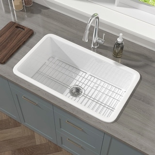 White 32" x 19" Fireclay Undermount / Drop In Firelcay Kitchen Sink With Accessories - 32" × 19" × 10"