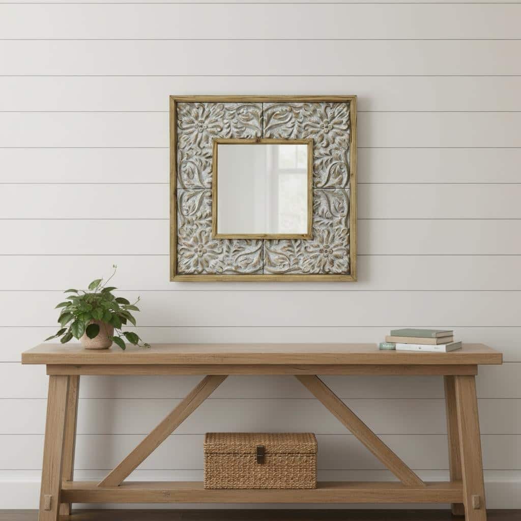 HomeRoots 39" Light Brown Wood Square Accent Mirror - 39.00 in. x 39.00 in. x 2.00 in.
