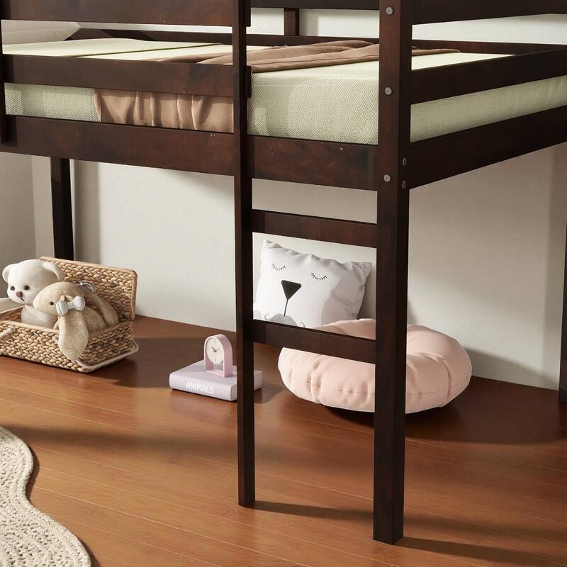 Solid Wood Twin Loft Bed with Ladder, Rubber Wood Frame Low Height Design with Guard Rails and Storage Space