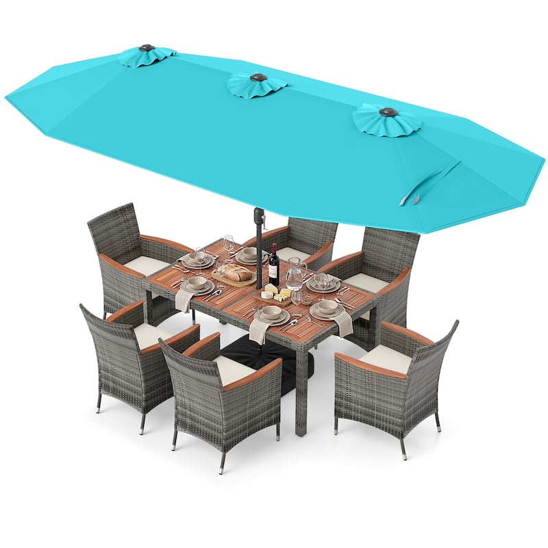 Gymax 8-Piece Patio Dining Set w/ Double-Sided Market Umbrella Acacia - Turquoise