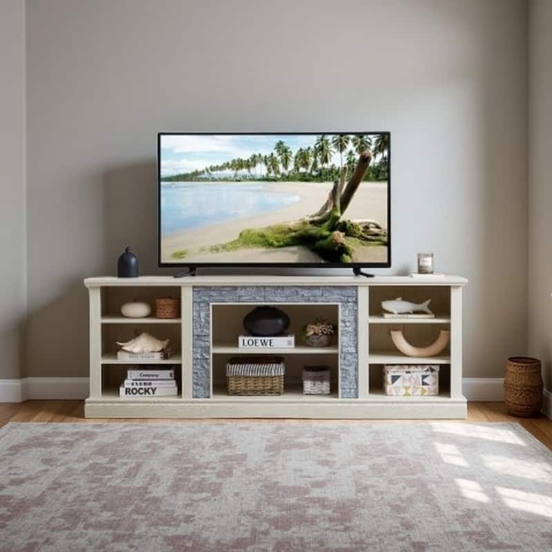 Large Storage TV Stand for TVs up to 75'' with Faux Stacked Stone, Adjustable Shelves and Cable Management - White