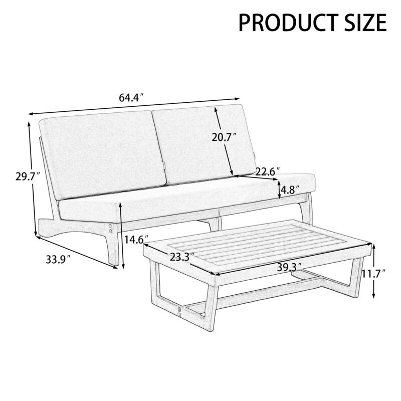3 Seat Wood 64" W Cushioned Outdoor Patio Sofa with Coffee Table