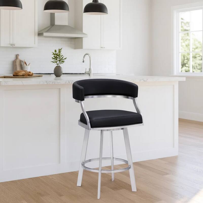 26 Inch Curved Seat Leatherette Swivel Barstool, Silver and Black