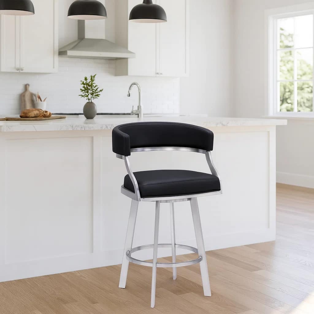 26 Inch Curved Seat Leatherette Swivel Barstool, Silver and Black