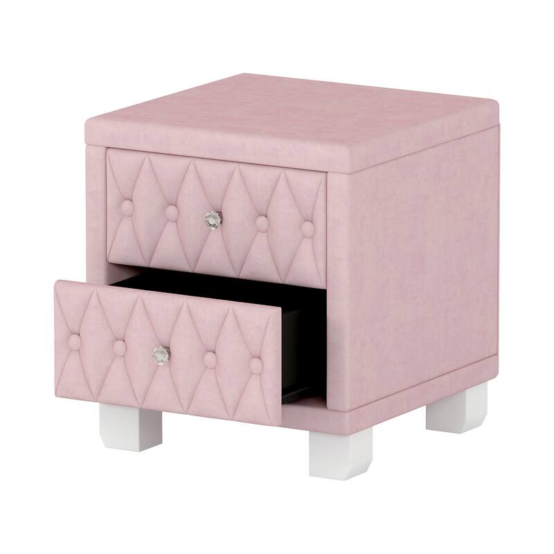 Elegant Velvet Nightstand Storage Cabinet with 2 Drawers, Coffee Table Pink Bedside Table with Crystal Handle