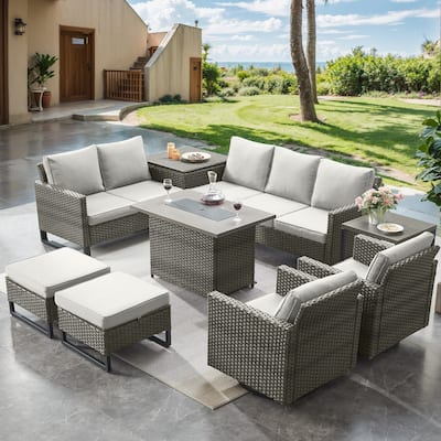 9 Pieces Patio Sofa Ottoman with Fire Pit Table - Beige cushion - Grey