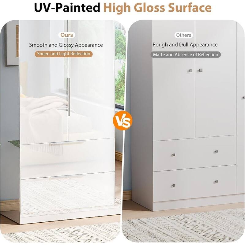Armoire 4 Doors 2 Drawers with Full-length Mirror Door with High Gloss Paint