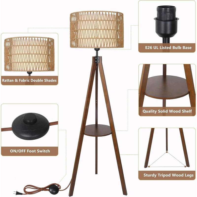 Tripod Floor Lamp with Shelves, Dual Lampshades, and Foot Switch