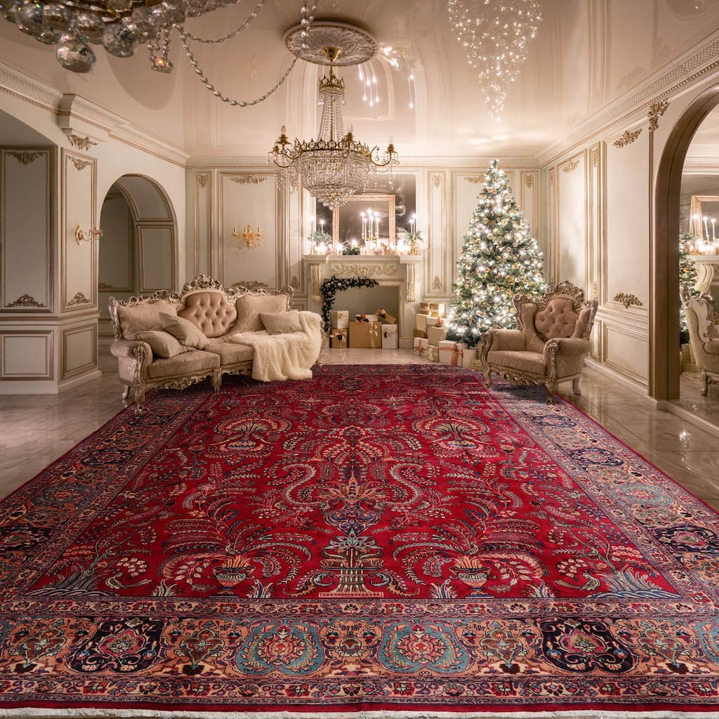 Hand Knotted Sarouk Red, Peach Wool Traditional Oriental Area Rug - 11' 2'' x 15' 9''