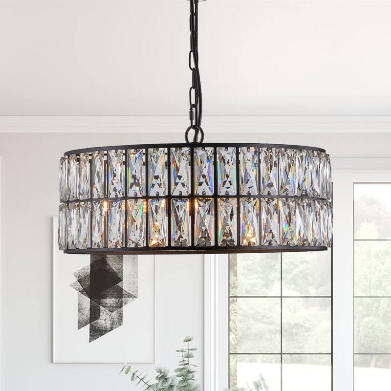 18" Golden Modern Crystal Drum Chandelier, 6-Light Pendant Lighting Fixture Metal Frame for Living Room, Dining Room and Bedroom