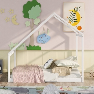 White Full Size Solid Wood House Bed with Roof for Kids