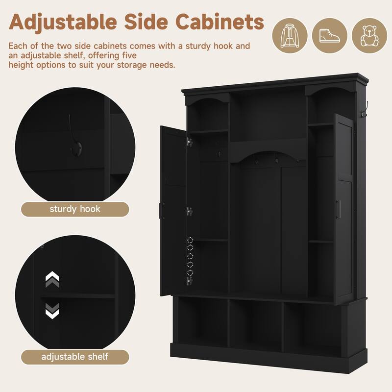 Modern Hall Tree with Adjustable Shelves Dual Cabinets Bench Entryway Organizer