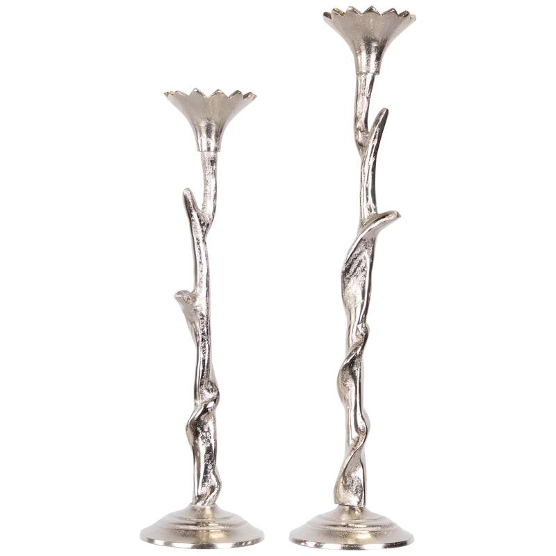 Floral Metal Taper Candle Holders - 16" - Silver Finish - Set of 2