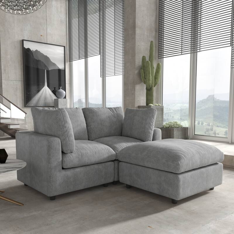 Modern Loveseat Couch with Ottoman Chenille Modular Sectional Sofa Removable Cover, Spring Cushions, Solid Wood Frame - Grey