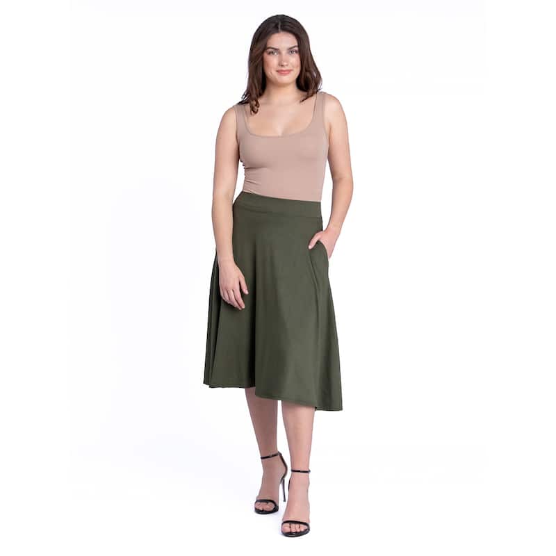 24seven Comfort Apparel Elastic Waist Pleated Pocket Midi Skirt - Green - M