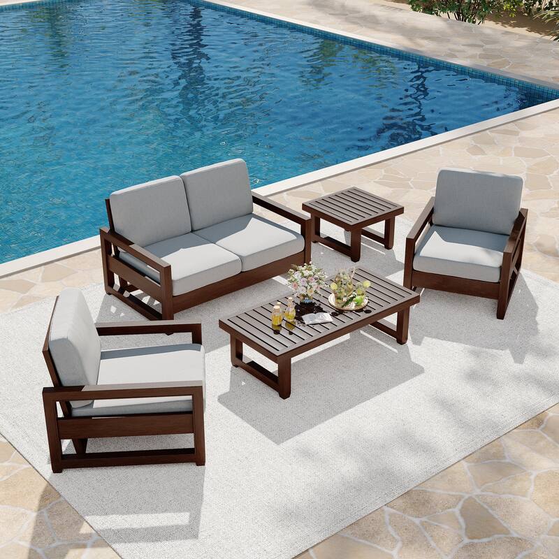 5-Piece Patio Wood Conversation Set with Loveseat, Chairs and Tables