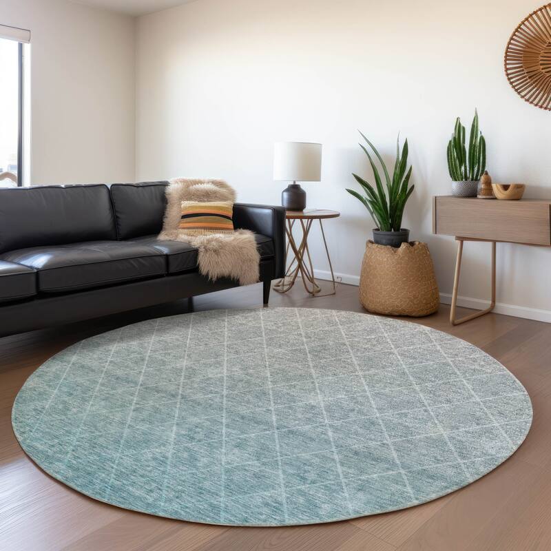 Machine Washable Indoor/ Outdoor Ombre Trellis Chantille Rug - Teal - 8' x 8'