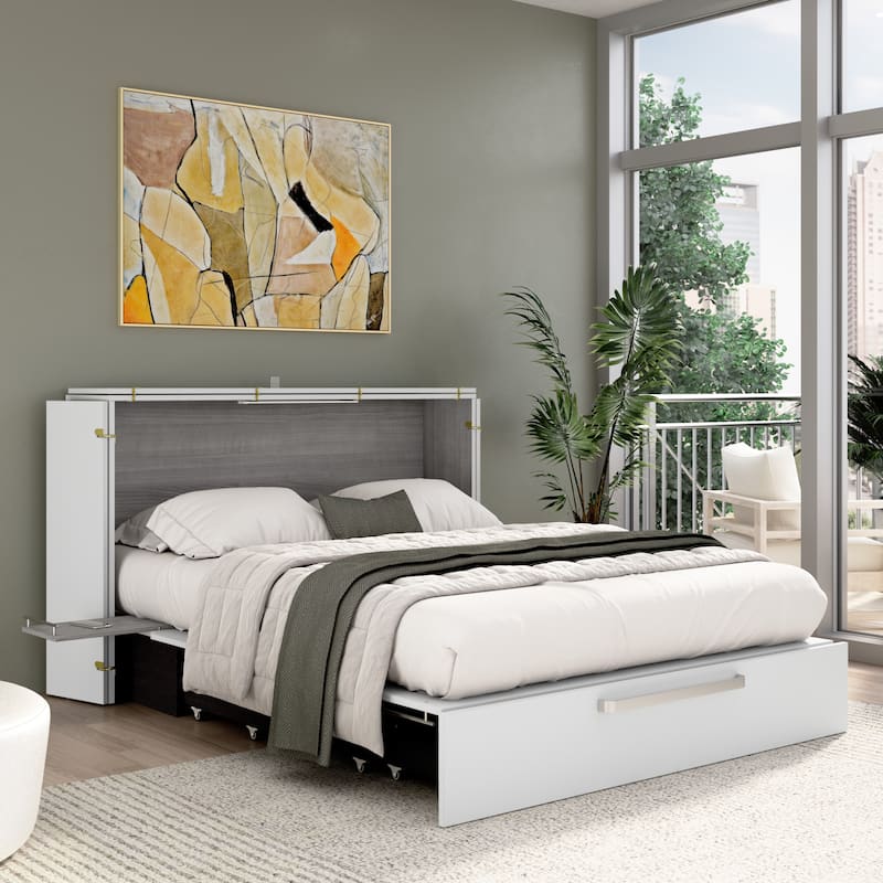 Bestar Borealis 63W Queen Murphy Cabinet Bed with Drawer and Mattress - White/Platinum Gray