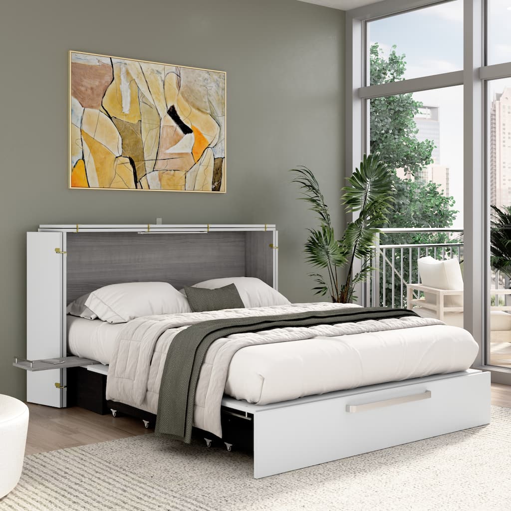 Bestar Borealis 63W Queen Murphy Cabinet Bed with Drawer and Mattress
